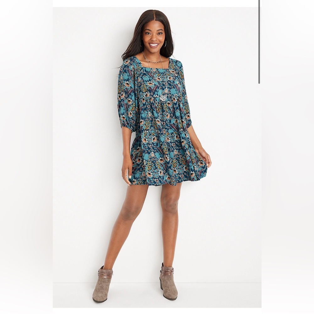 Maurices Puff Sleeve Floral Mini Babydoll Teal Dress 12